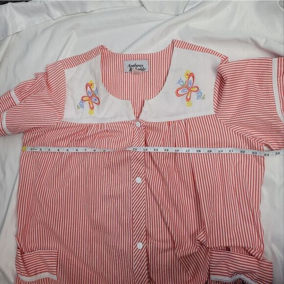 VINTAGE 90s housecoat dress red striped with embroidered butterfly XL - Picture 7 of 8